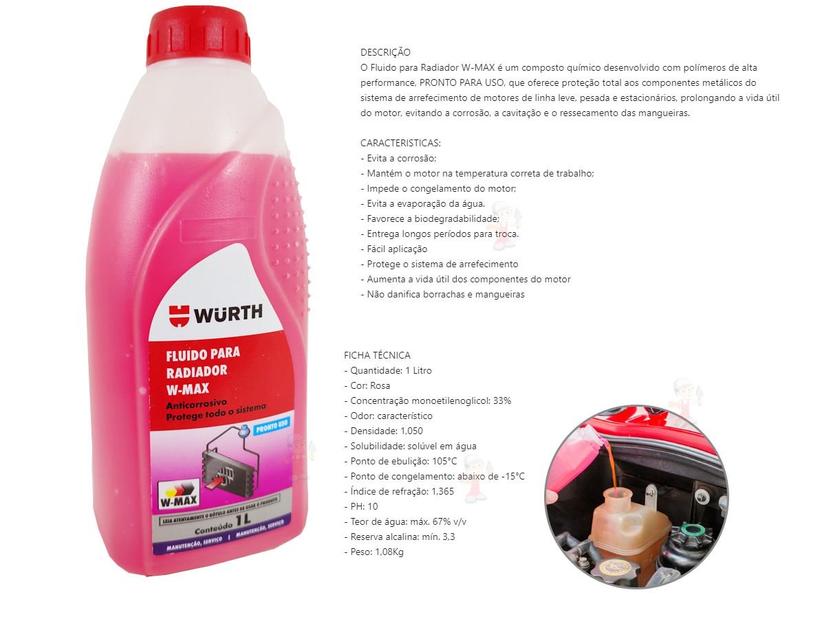 ADITIVO RADIADOR ROSA MULTIMARCAS - ADITIVO PARA RADIADOR W-MAX WURTH PRONTO PARA USAR - 1 LITRO